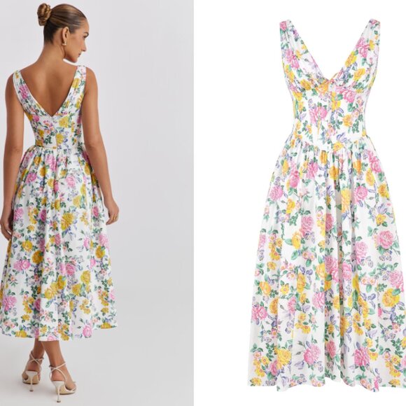 HOUSE OF CB 'Emmelina' White Vintage Rose Print Cotton Corset Sundress NWOT - Picture 3 of 7